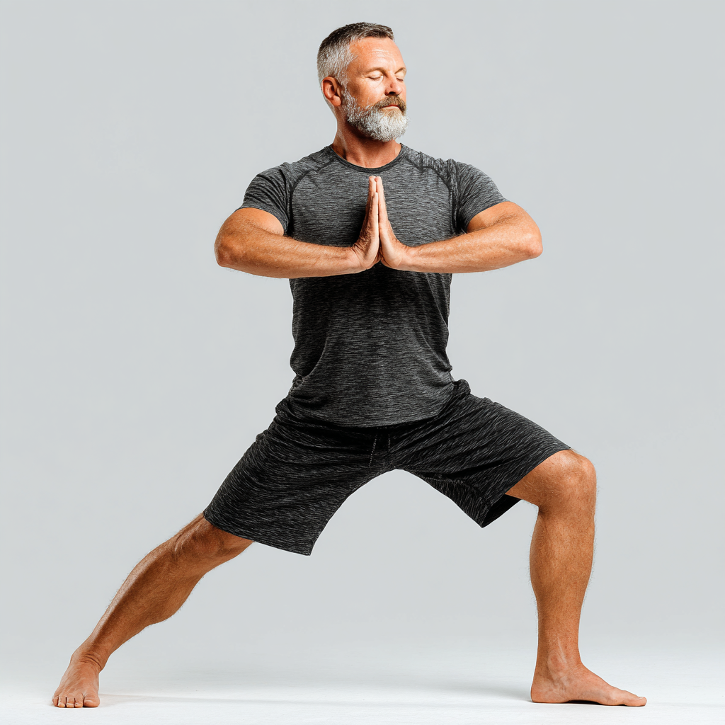 Confident mature man in warrior yoga pose demonstrating strength and balance
