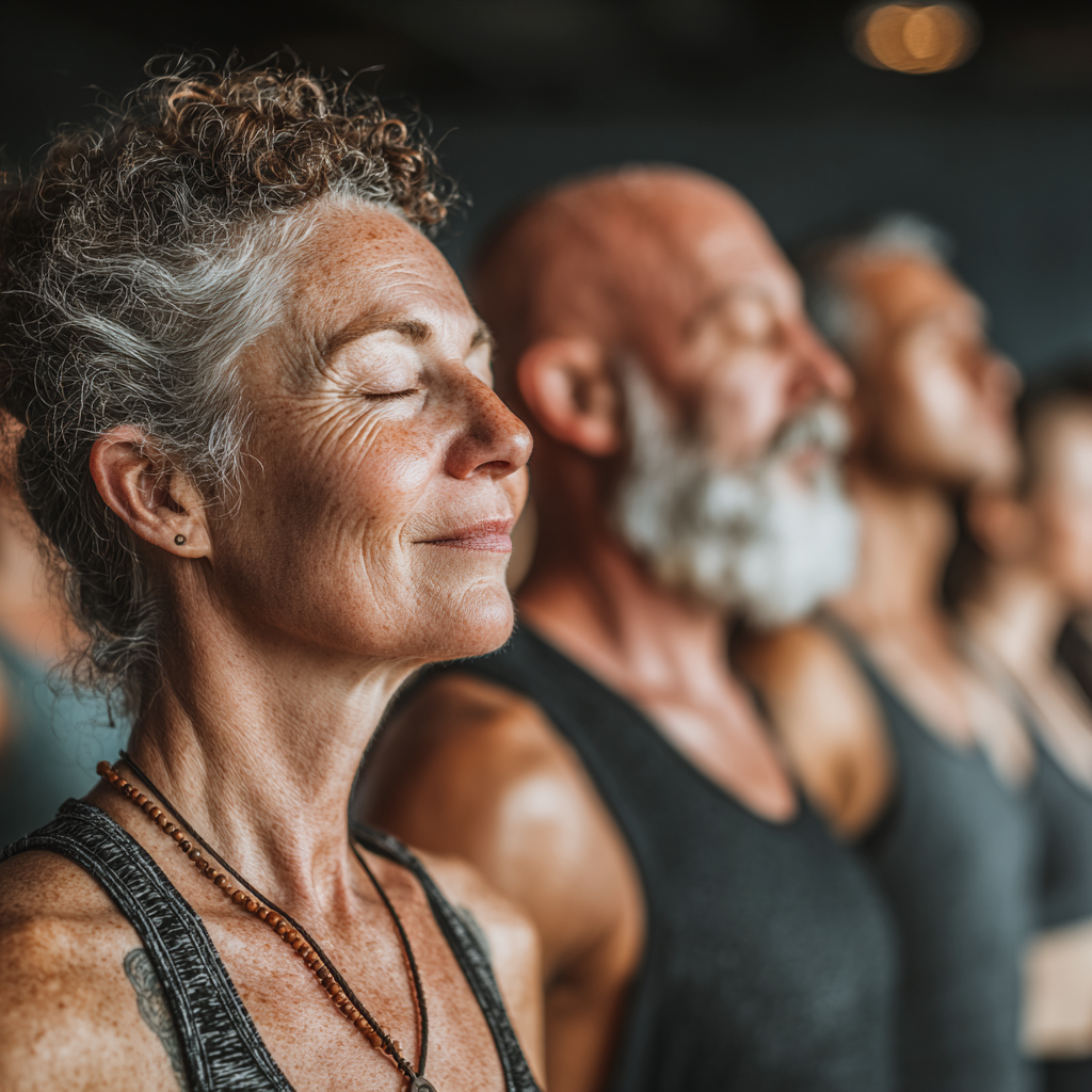 Diverse group of mature adults in yoga class showing community and wellness focus