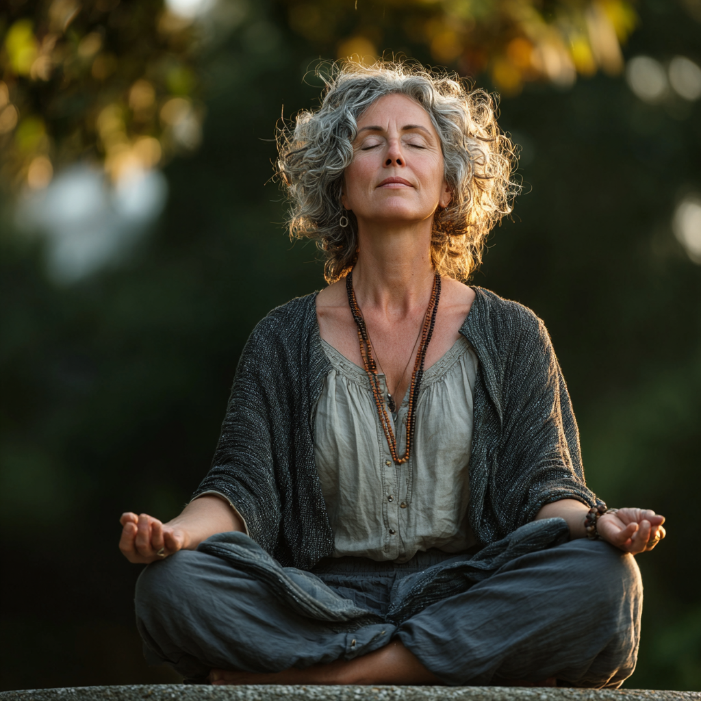 Peaceful middle-aged woman in yoga pose practicing mindfulness meditation outdoors